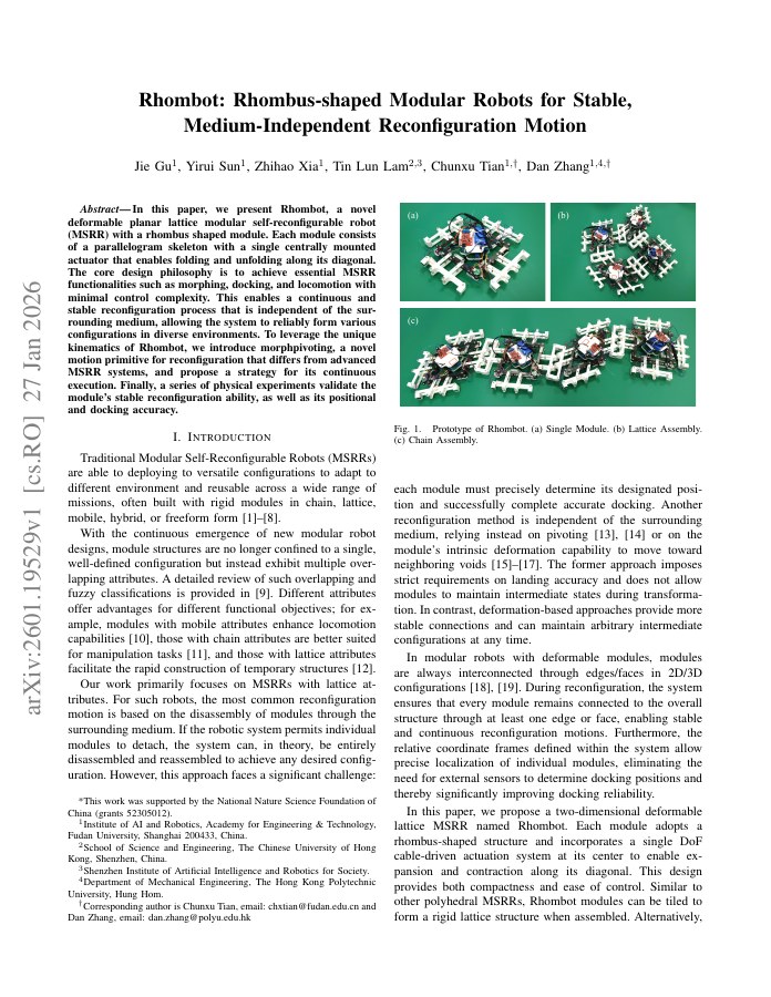 Rhombot: Rhombus-shaped Modular Robots for Stable, Medium-Independent Reconfiguration Motion