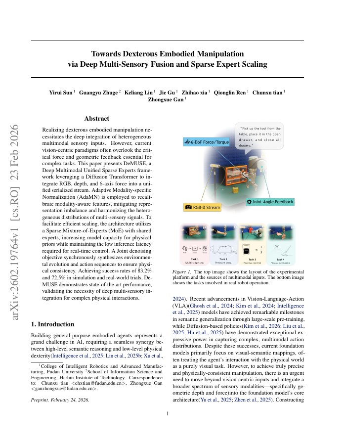 Towards Dexterous Embodied Manipulation via Deep Multi-Sensory Fusion and Sparse Expert Scaling