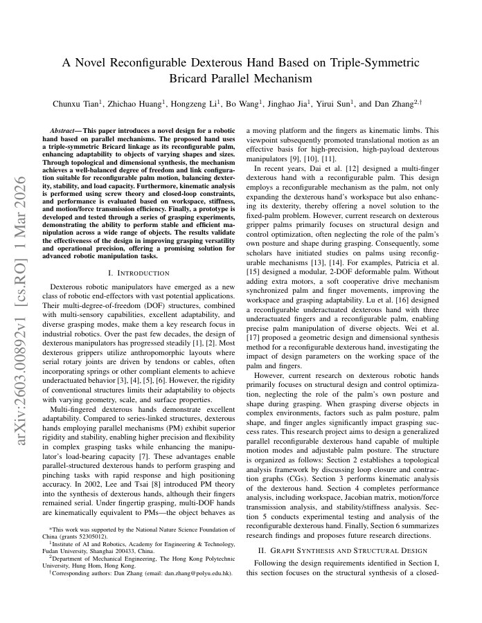 A Novel Reconfigurable Dexterous Hand Based on Triple-Symmetric Bricard Parallel Mechanism